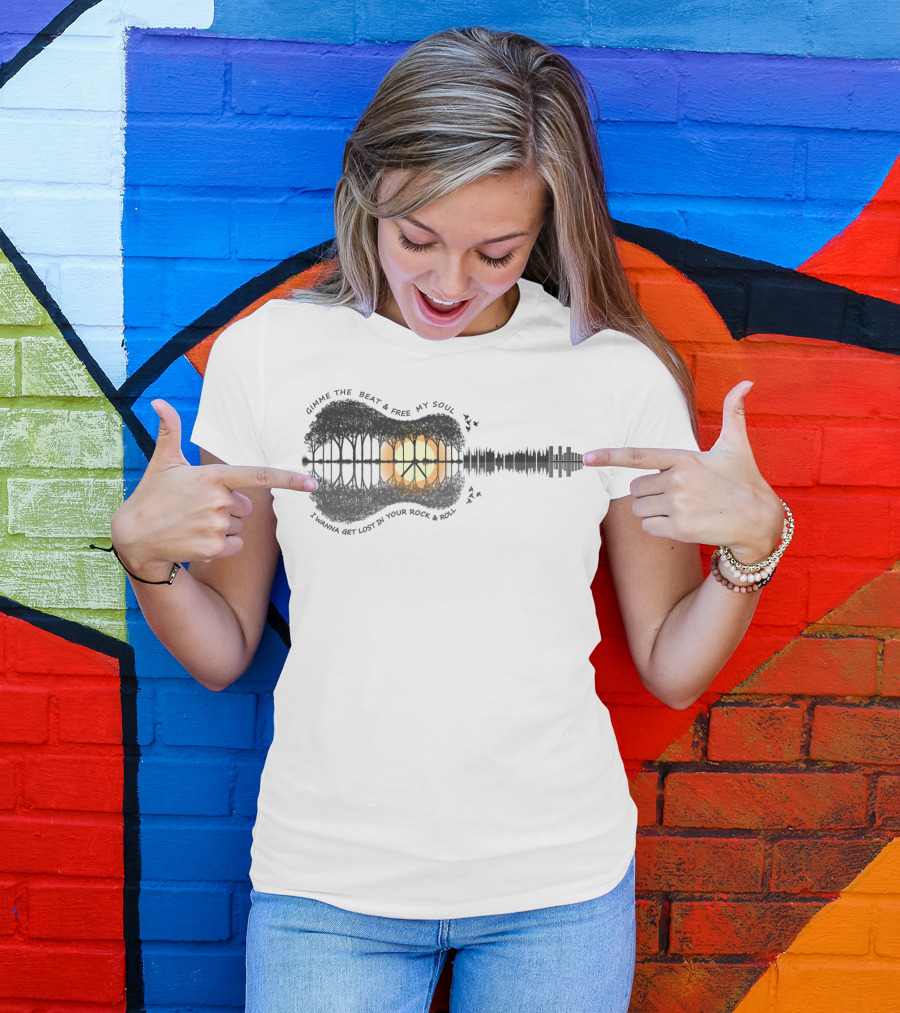 Gimme The Beat And Free My Soul I Wanna Get Lost In Your Rock And Roll Guitar Skyline Sunset T-Shirt