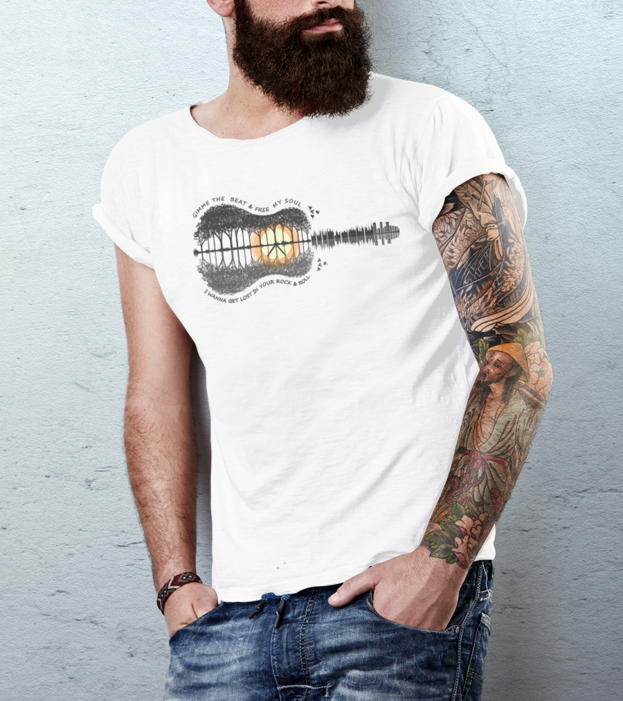 Gimme The Beat And Free My Soul I Wanna Get Lost In Your Rock And Roll Guitar Skyline Sunset T-Shirt