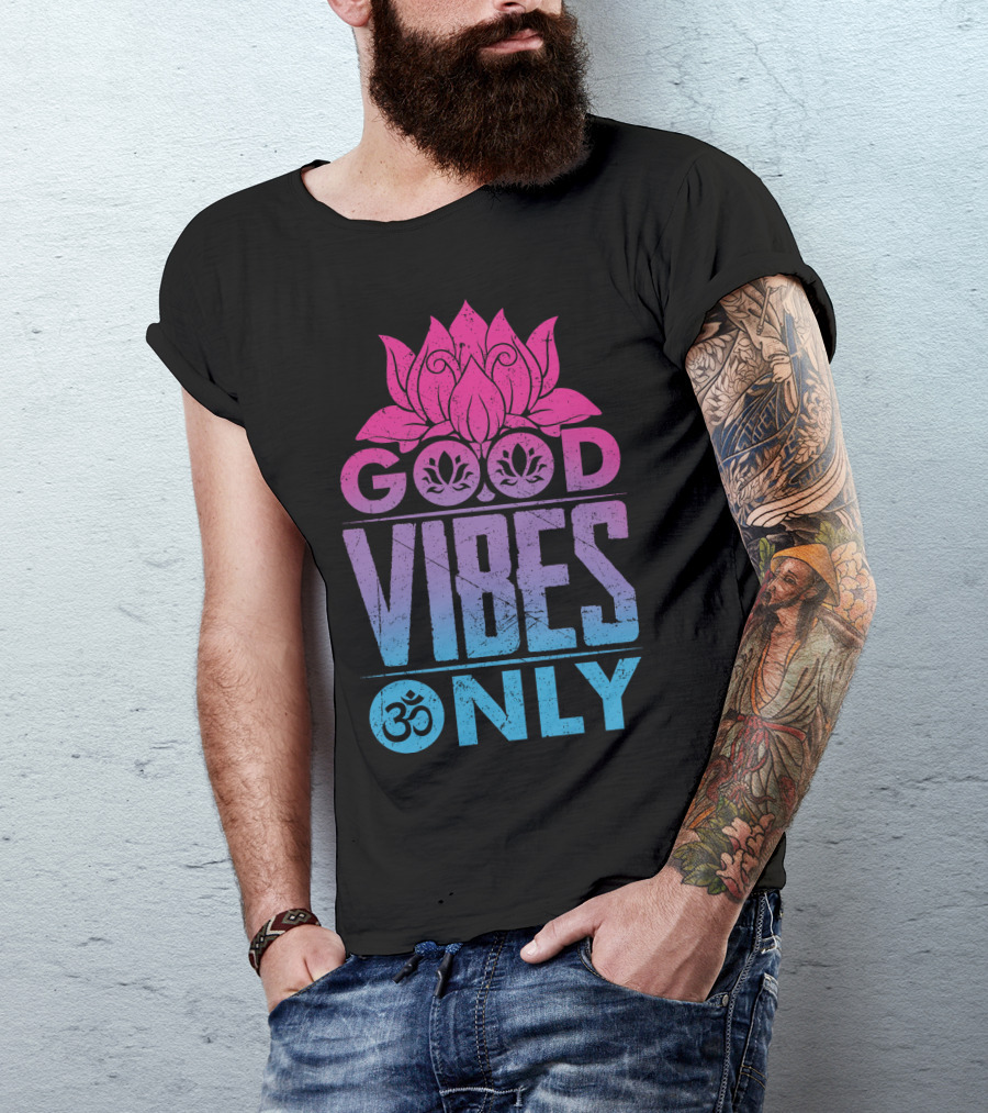 Good Vibes Only Lotus Om Symbol Text T-Shirt
