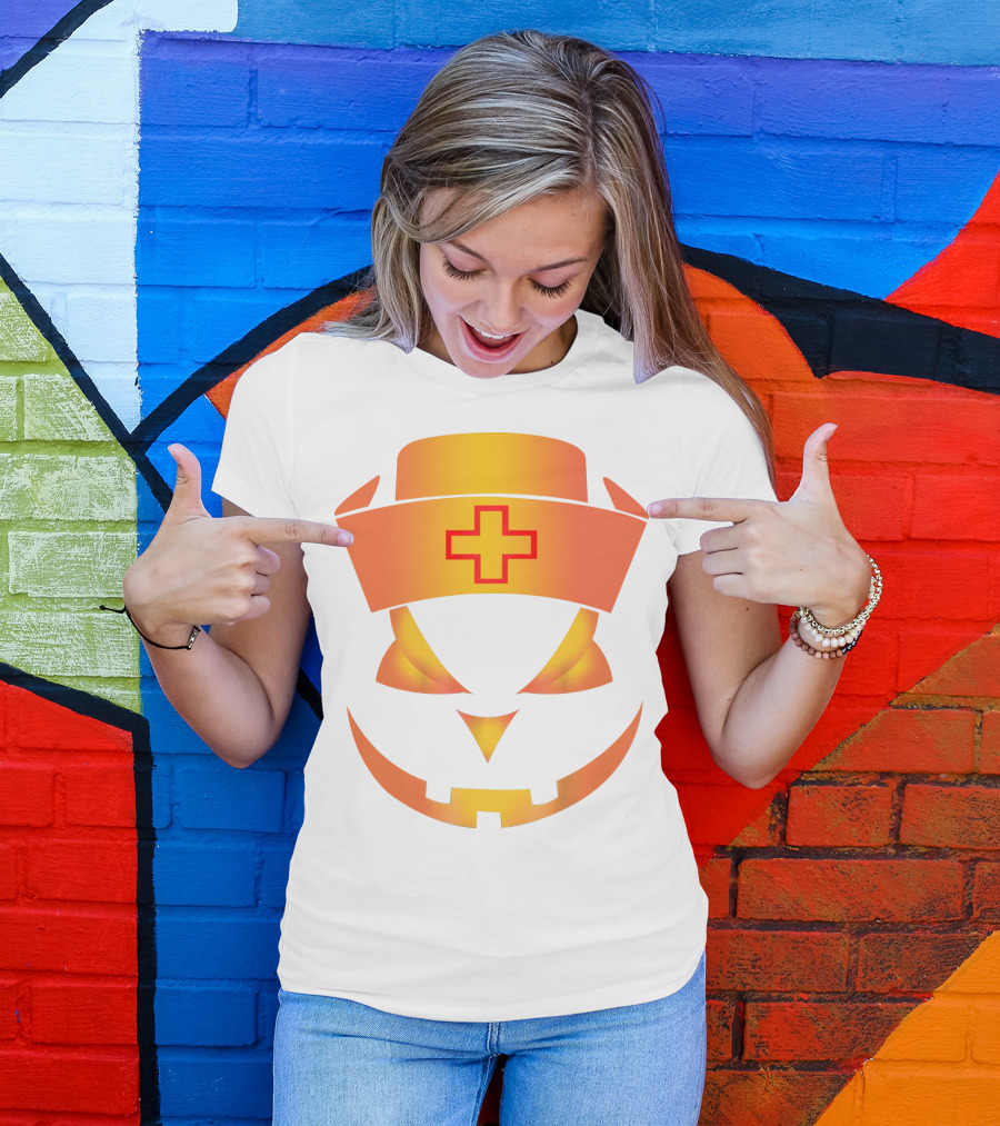 Nurse Pumpkin Face With Cross Hat Halloween T-Shirt