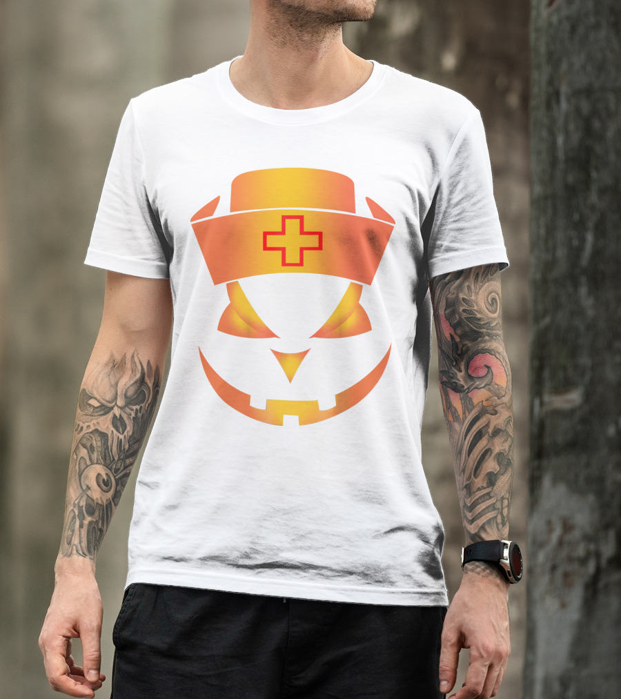 Nurse Pumpkin Face With Cross Hat Halloween T-Shirt