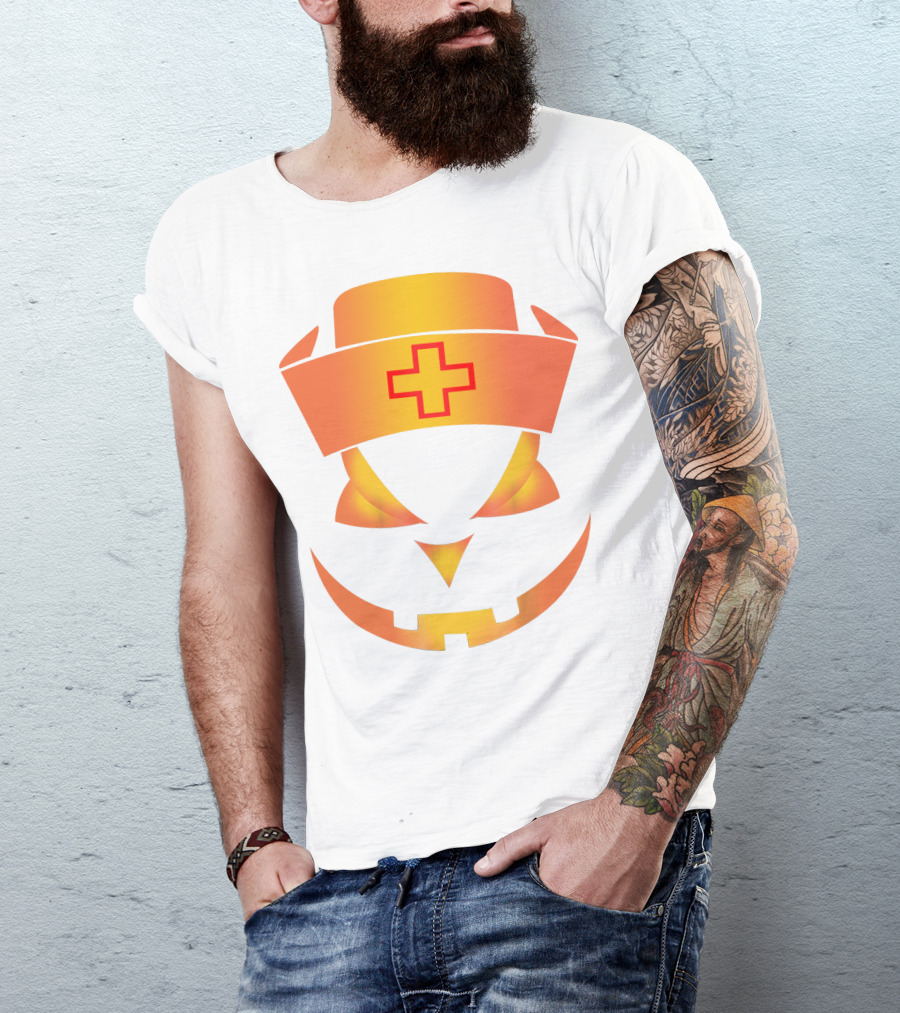 Nurse Pumpkin Face With Cross Hat Halloween T-Shirt