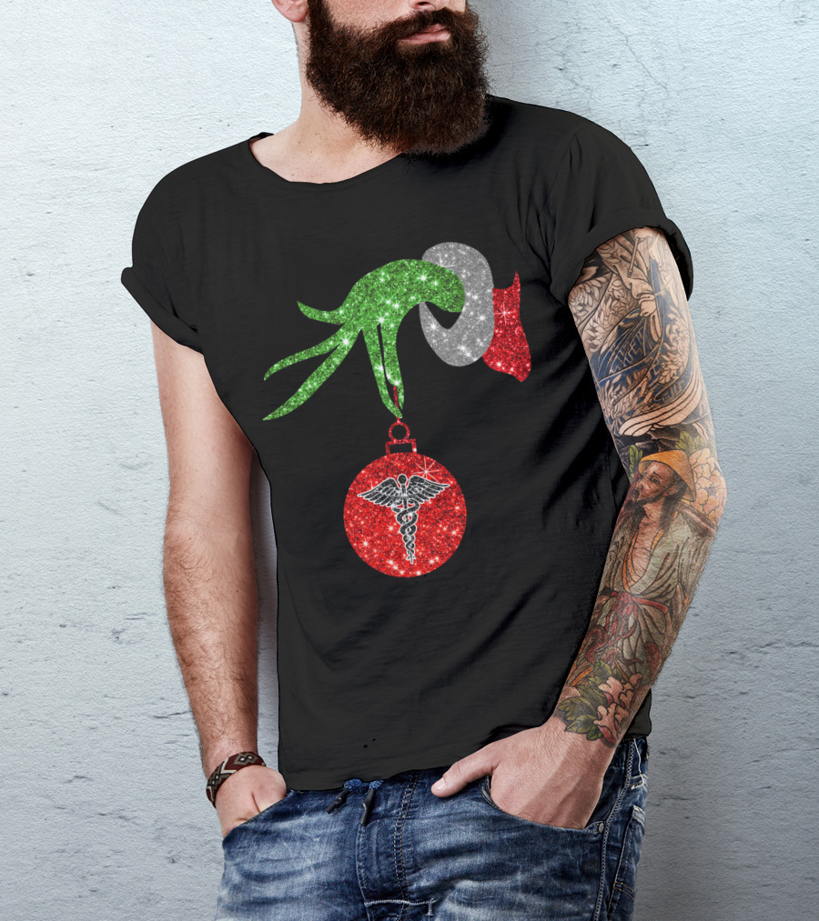 Grinch Hand Holding Caduceus Christmas Ornament Nurse T-Shirt