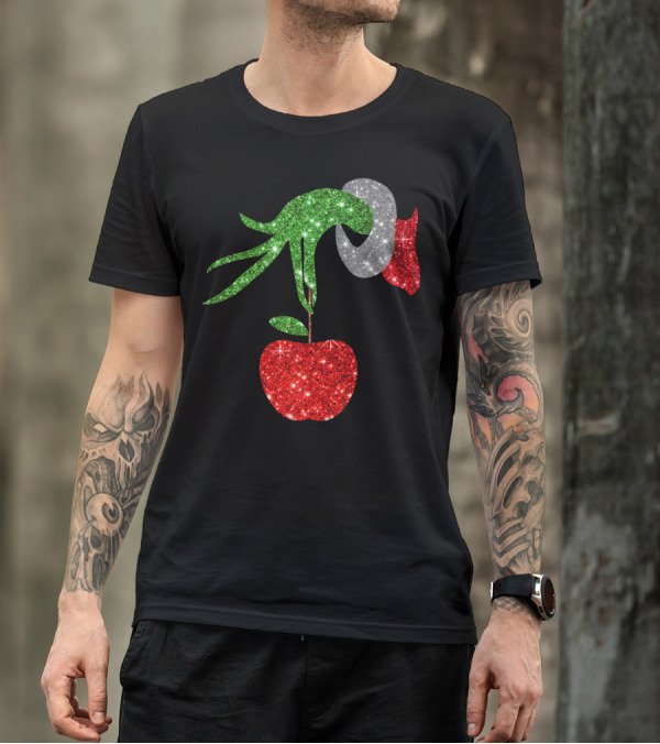 Green Grinch Hand Holding Shiny Red Apple T-Shirt