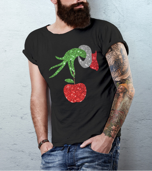 Green Grinch Hand Holding Shiny Red Apple T-Shirt