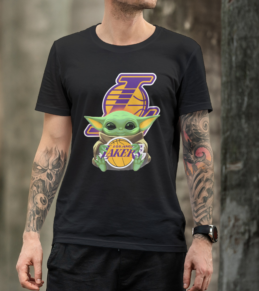 Los Angeles Lakers Baby Yoda Holding Basketball T-Shirt