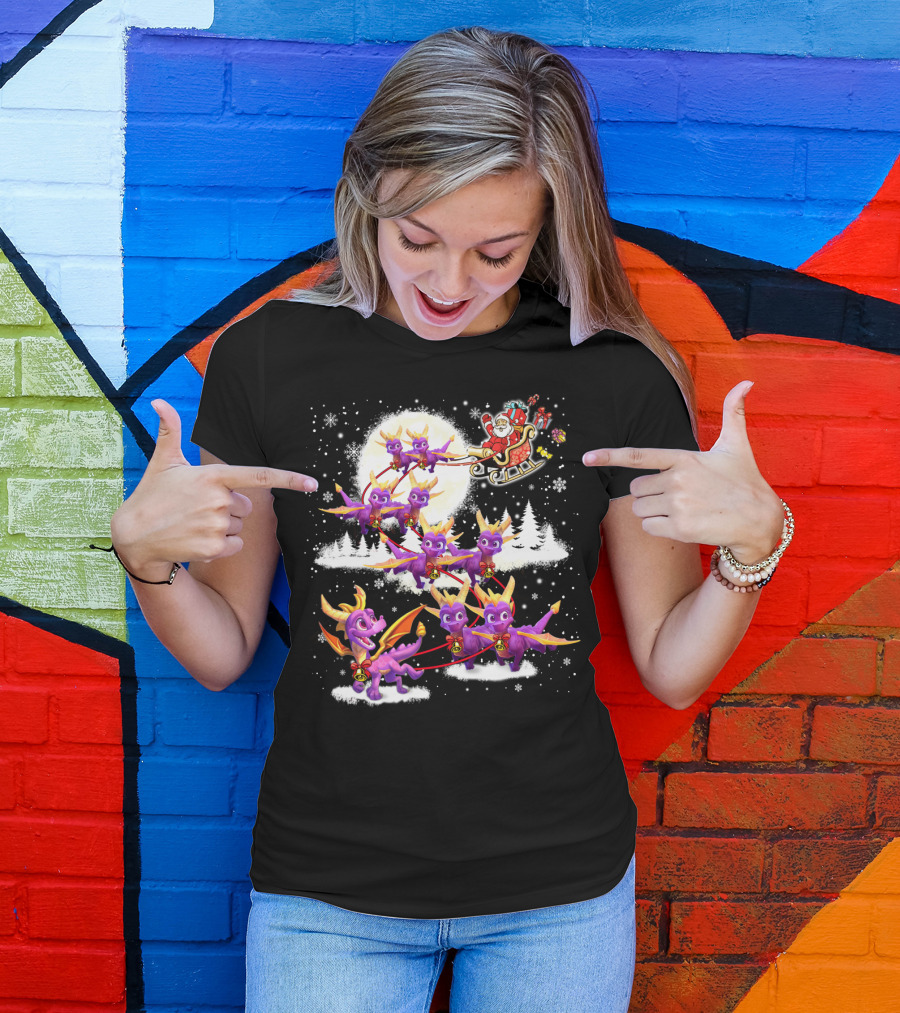 Santa's Sleigh Pulled By Purple Dragon Reindeer T-Shirt