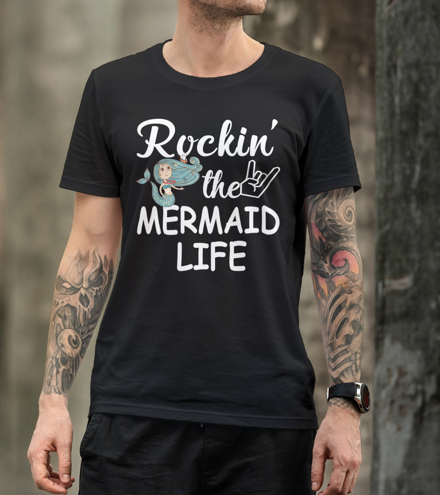 Rockin' The Mermaid Life With Hand Sign And Cartoon Mermaid T-Shirt