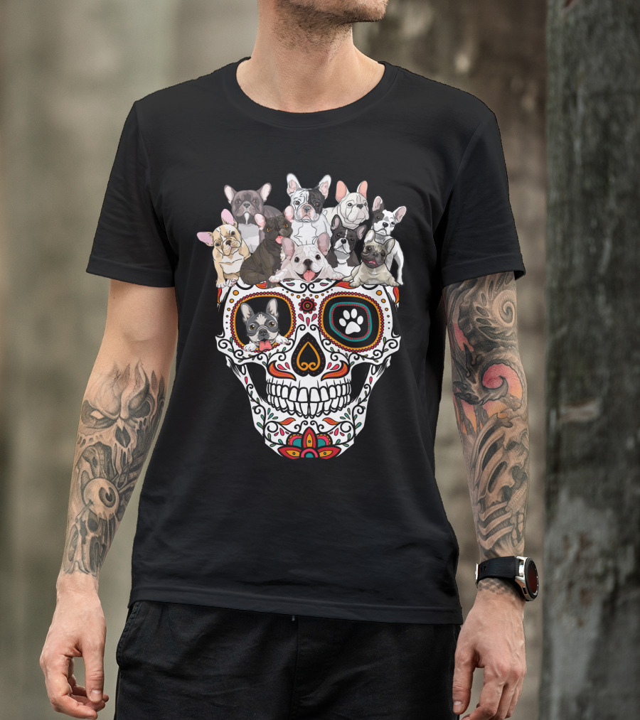 Skull Sugar French Bulldog Día De Los Muertos T-Shirt