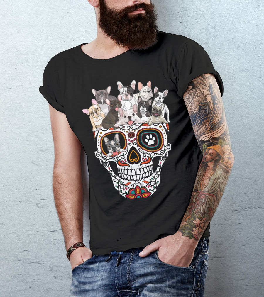 Skull Sugar French Bulldog Día De Los Muertos T-Shirt