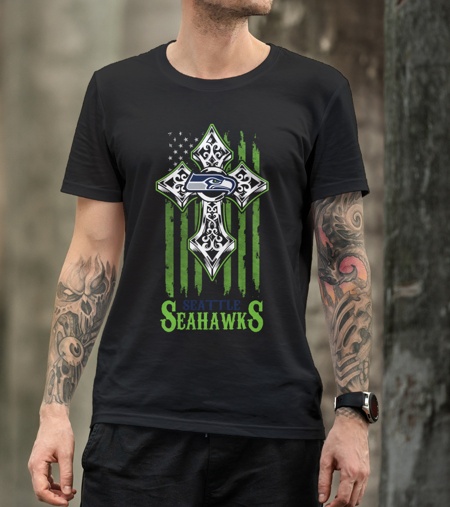 Seattle Seahawks Cross With American Flag Elements T-Shirt