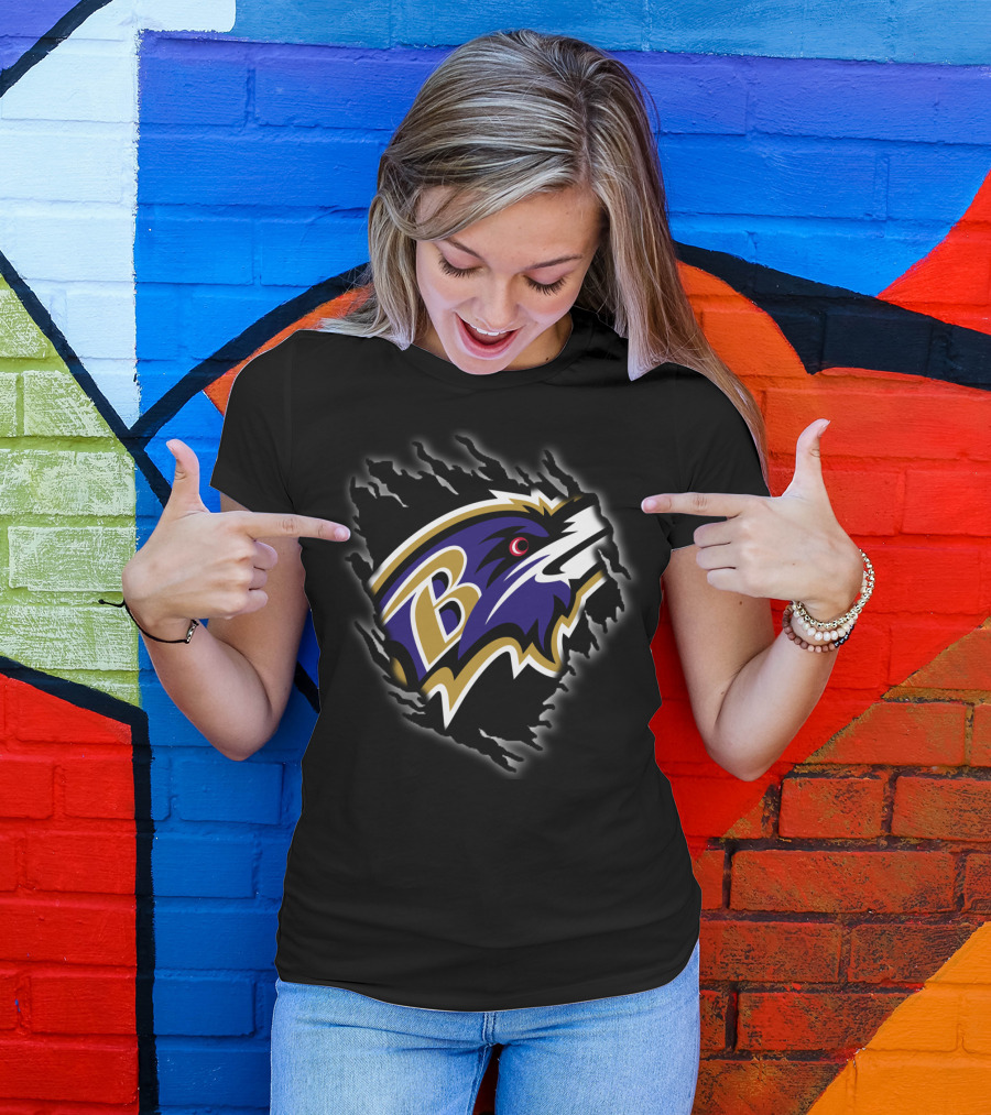 Baltimore Ravens Nfl Team Logo With Claw Marks On Dark T-Shirt