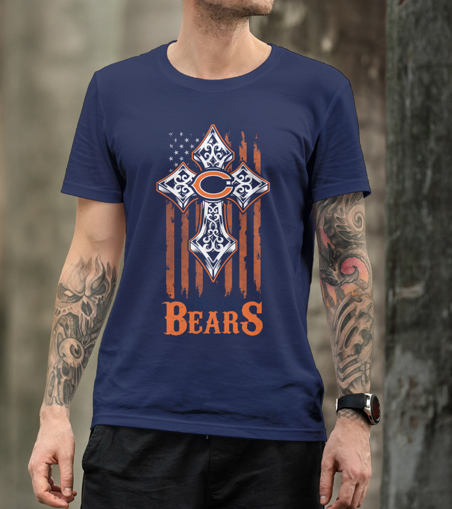 Chicago Bears Cross With American Flag Stripes T-Shirt