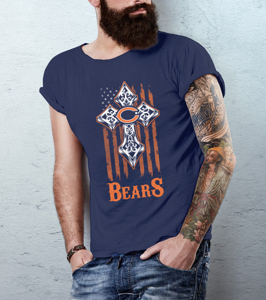 Chicago Bears Cross With American Flag Stripes T-Shirt