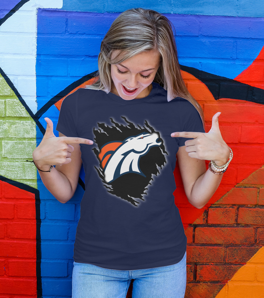 Denver Broncos Ripped Torn Logo Peeling Illusion Dark Blue T-Shirt