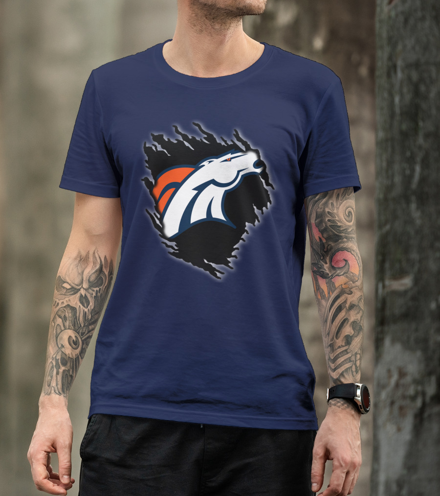 Denver Broncos Ripped Torn Logo Peeling Illusion Dark Blue T-Shirt