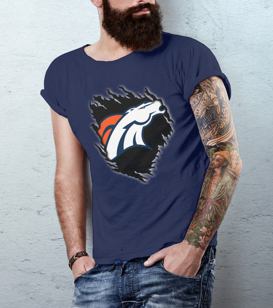 Denver Broncos Ripped Torn Logo Peeling Illusion Dark Blue T-Shirt