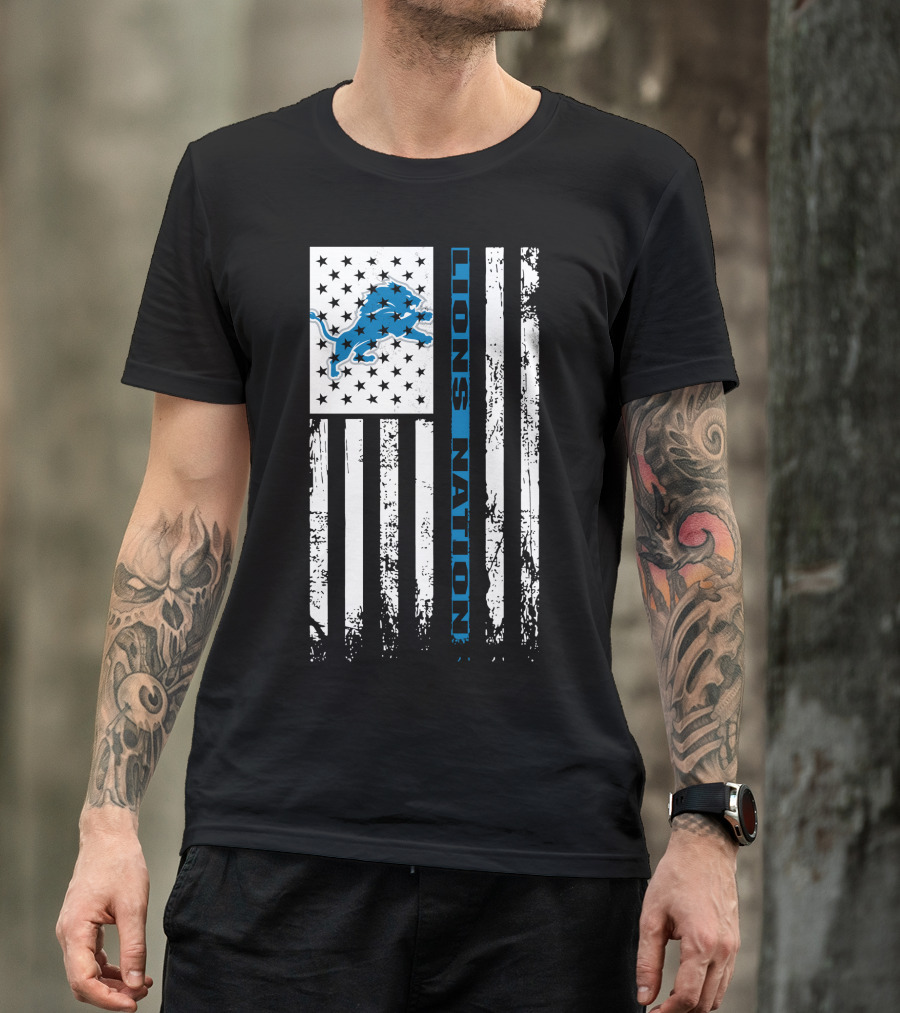 Detroit Lions Nation Flag Design With Blue Lion And Stars T-Shirt