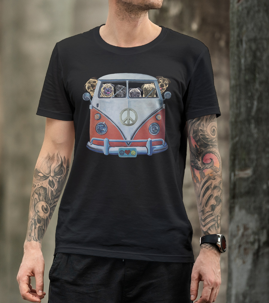 Pug Faces In Iconic Hippie Van With Peace Symbol And Love Smile Elements T-Shirt
