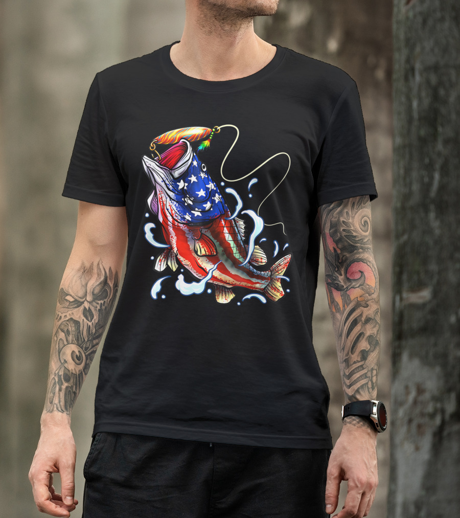 Bass Fishing Angler Dad With American Flag T-Shirt