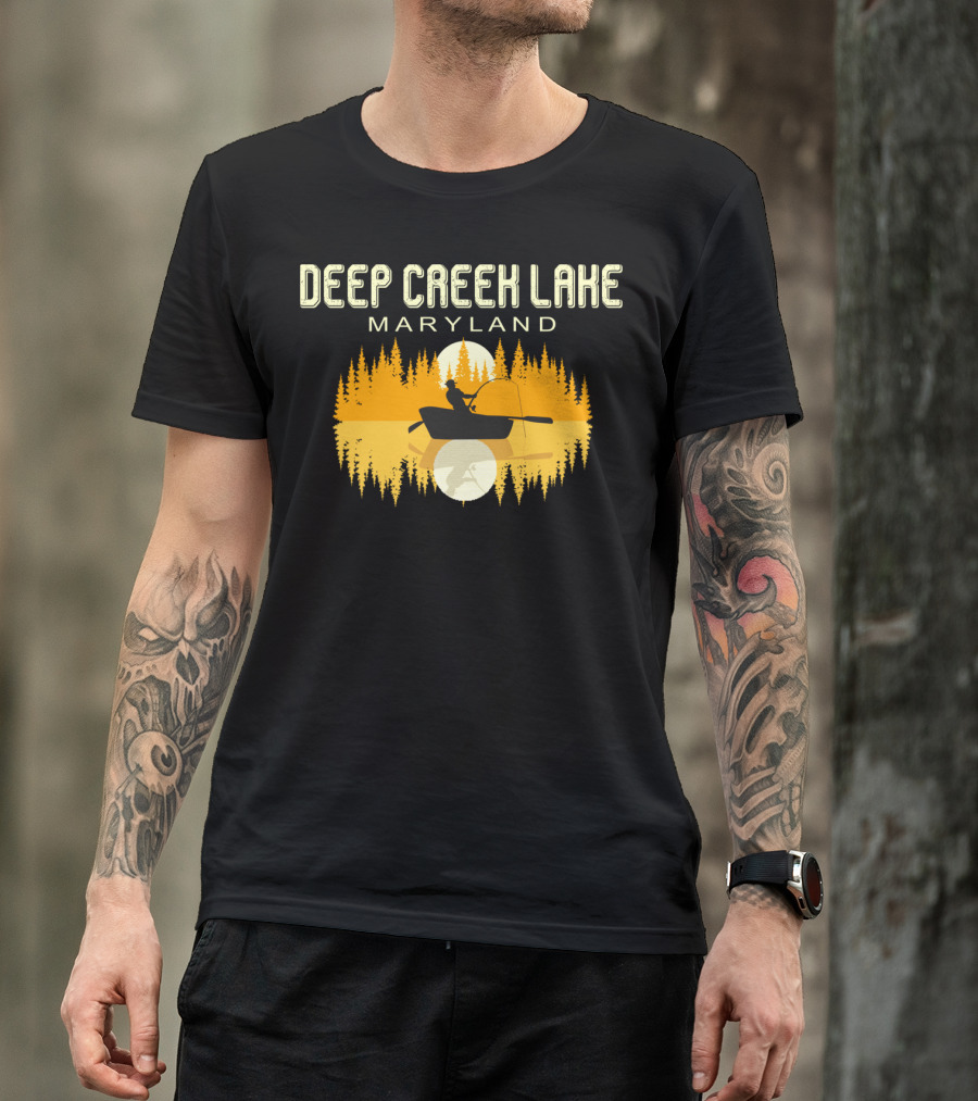 Deep Creek Lake Maryland Fishing 80s Vintage Sunset T-Shirt