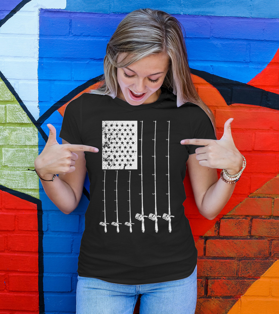 Fishing Rods American Flag Stars T-Shirt