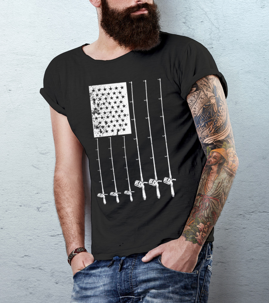 Fishing Rods American Flag Stars T-Shirt