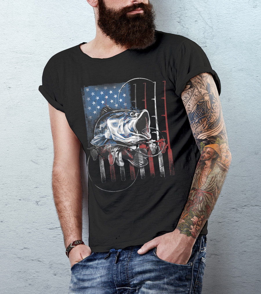 Vintage American Flag Bass Fishing USA Fisherman T-Shirt
