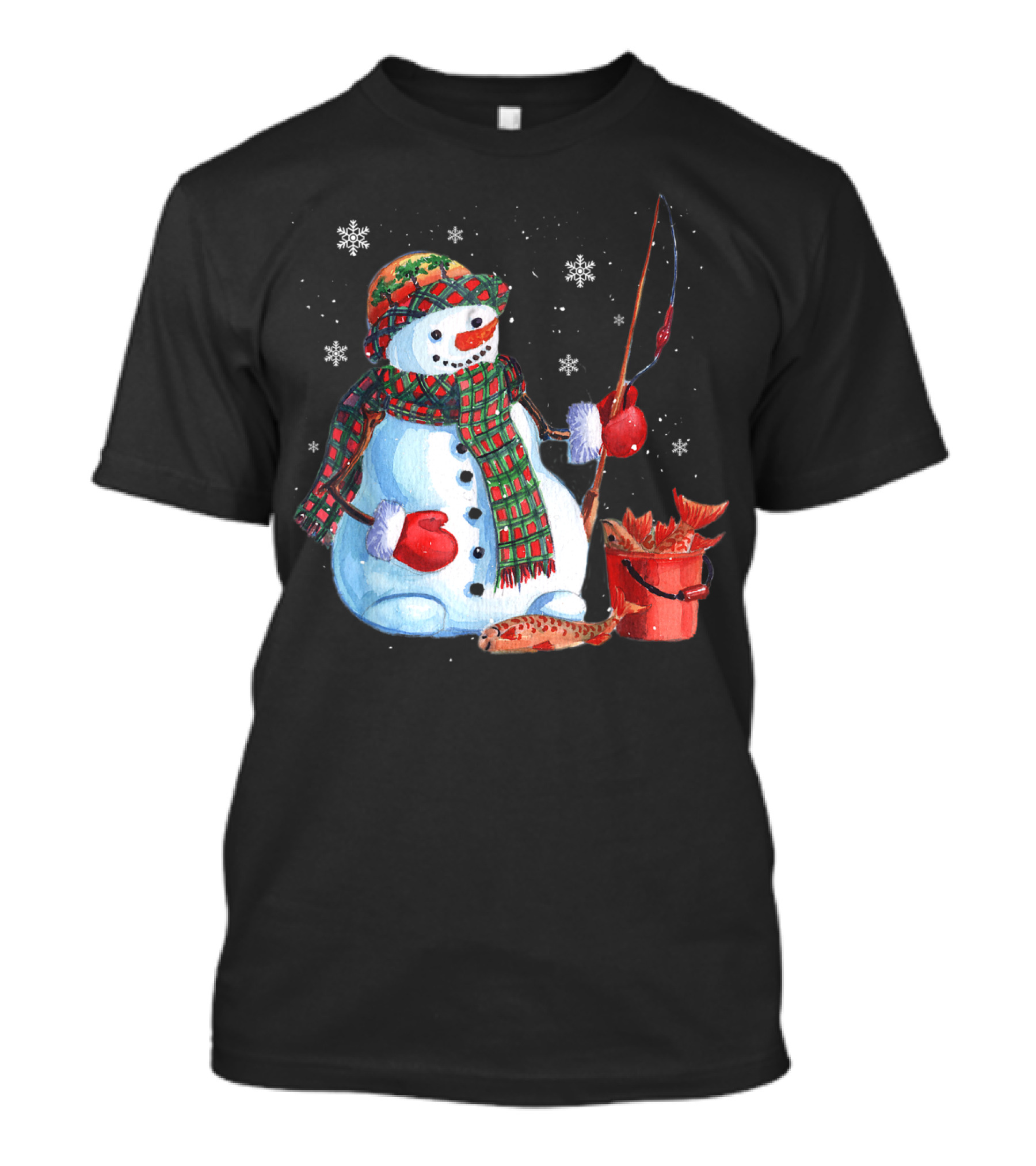 Merry Christmas Fishing Snowman With Fish And Snowflakes For Fishing Lovers T-Shirt