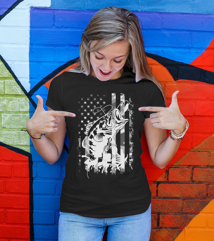 USA Flag Camouflage Bass Fishing T-Shirt