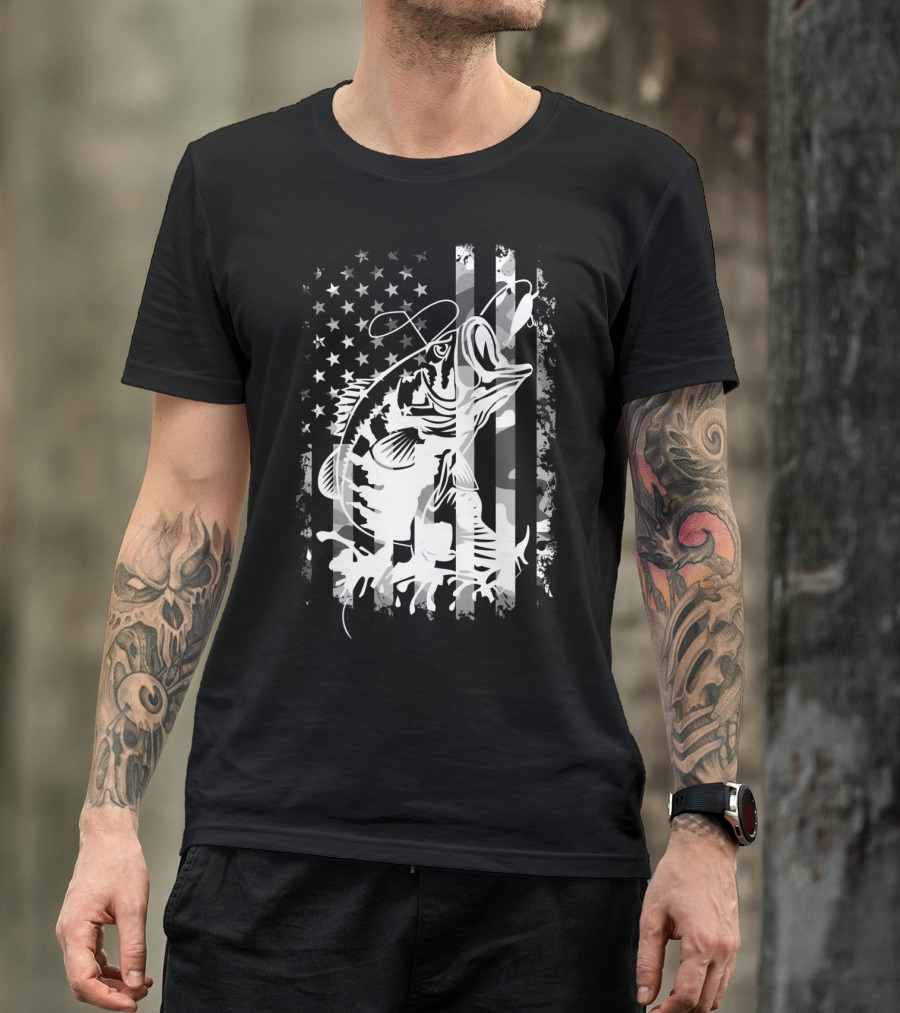 USA Flag Camouflage Bass Fishing T-Shirt