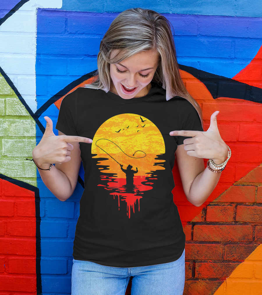 Fly Fishing At Sunset Vintage Style Silhouette With Birds T-Shirt