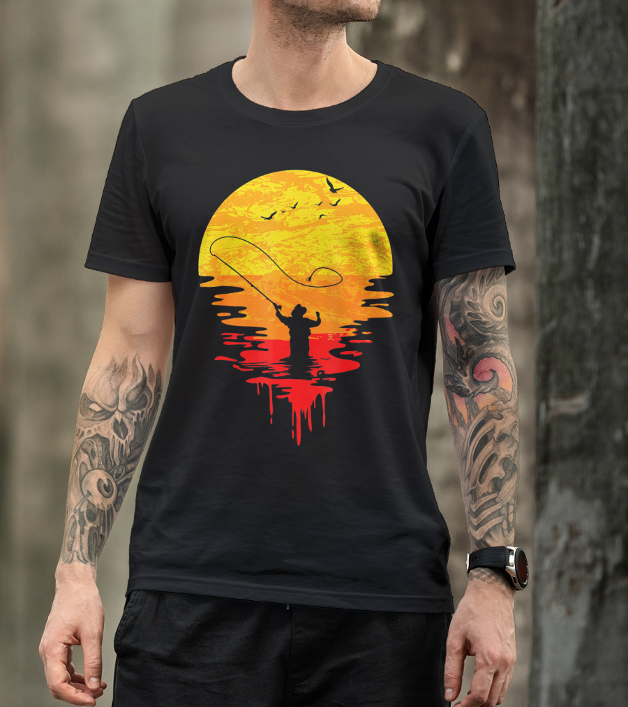 Fly Fishing At Sunset Vintage Style Silhouette With Birds T-Shirt