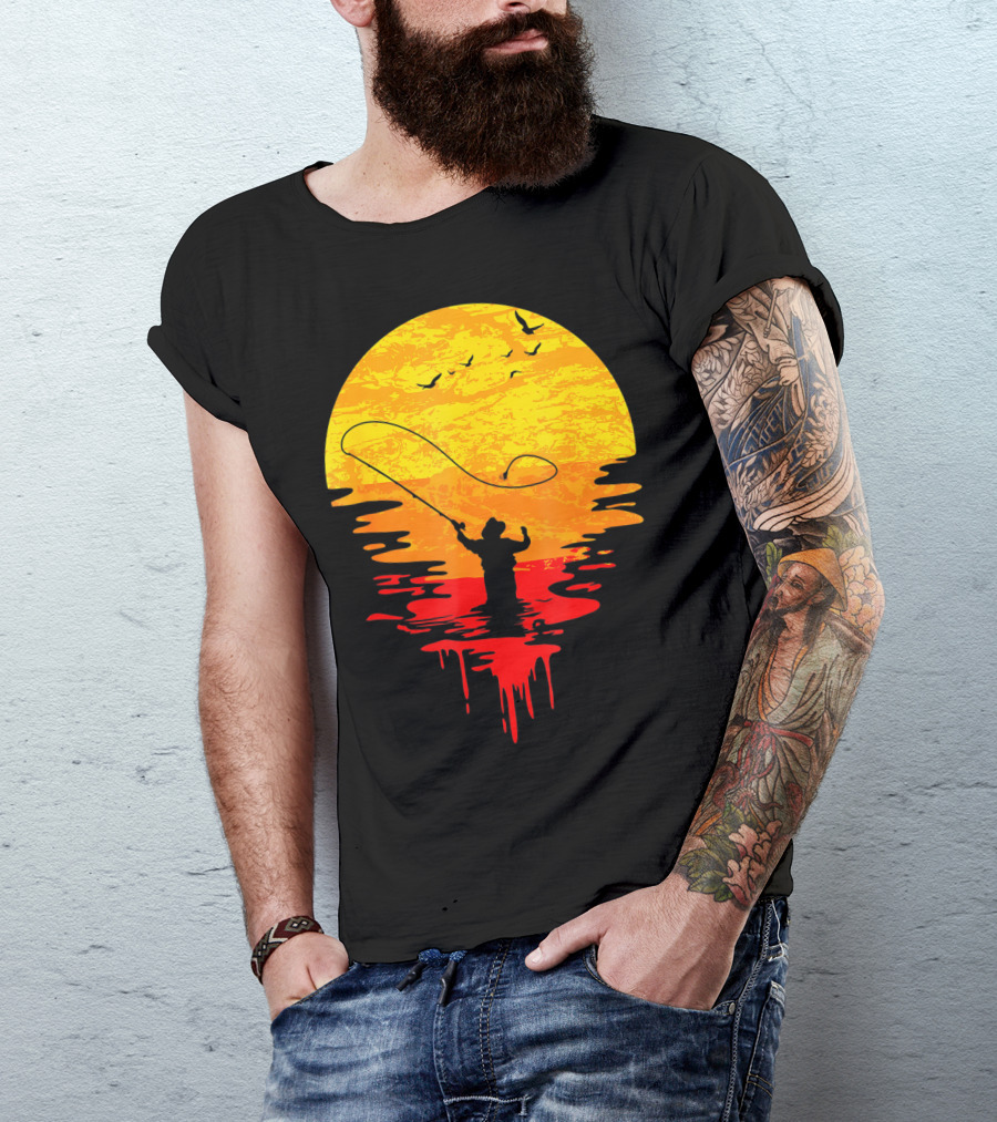 Fly Fishing At Sunset Vintage Style Silhouette With Birds T-Shirt