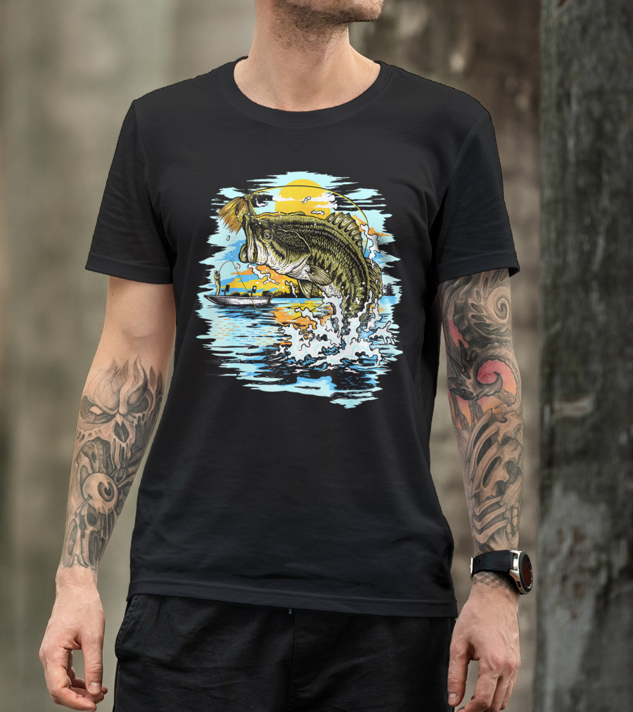 Large Mouth Bass Catching Fly Fishing Adventure In Scenic Lake Sunrise T-Shirt