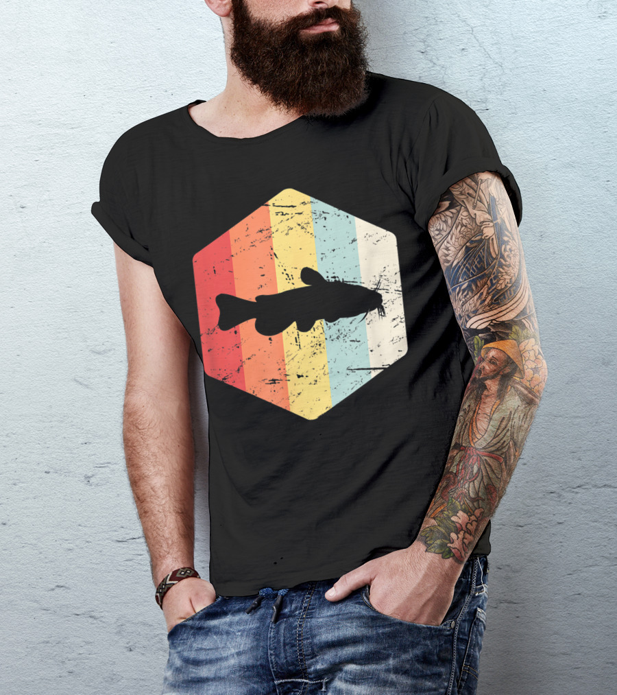 Retro Vintage Catfish Fresh Water Fish Fishing Stripes T-Shirt