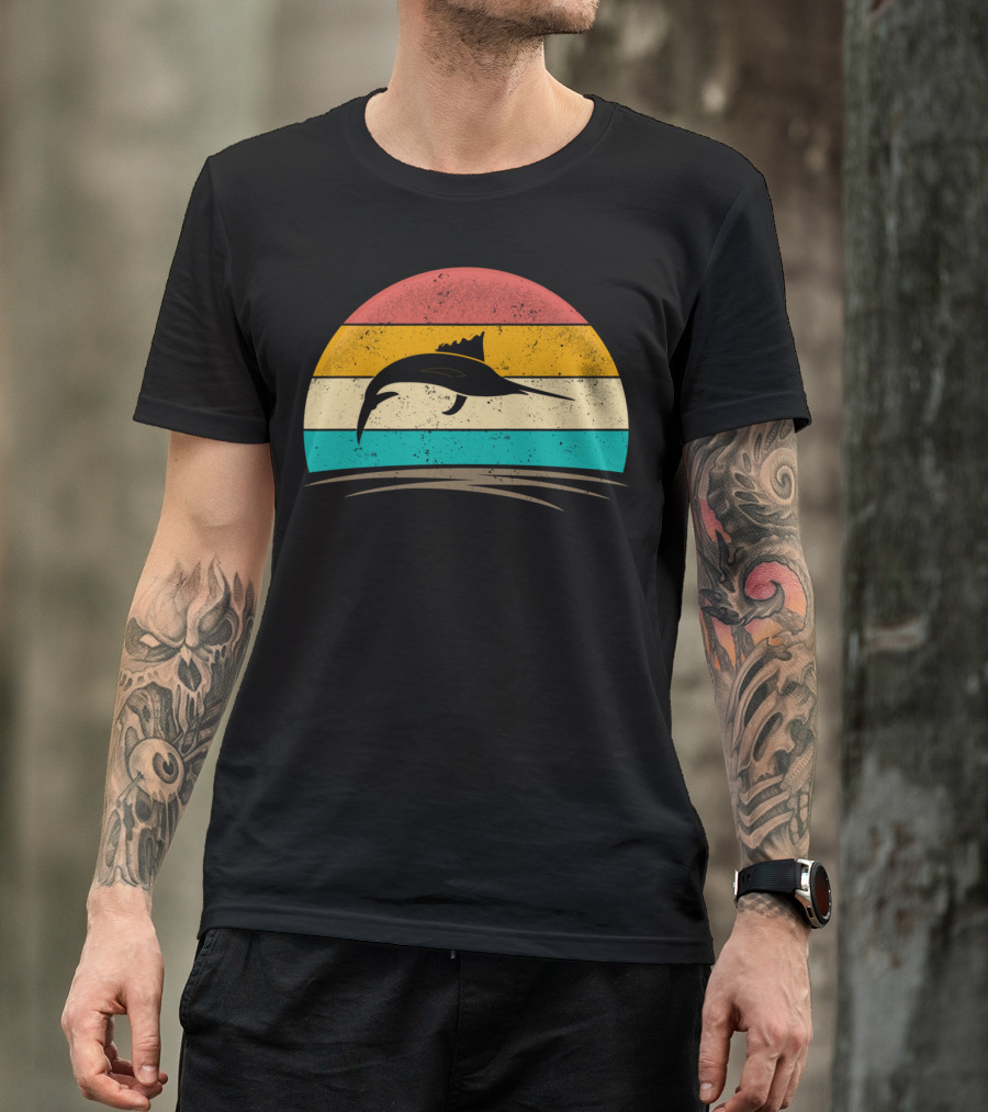 Swordfish Vintage 70s Deep Sea Fishing Retro Sunset T-Shirt