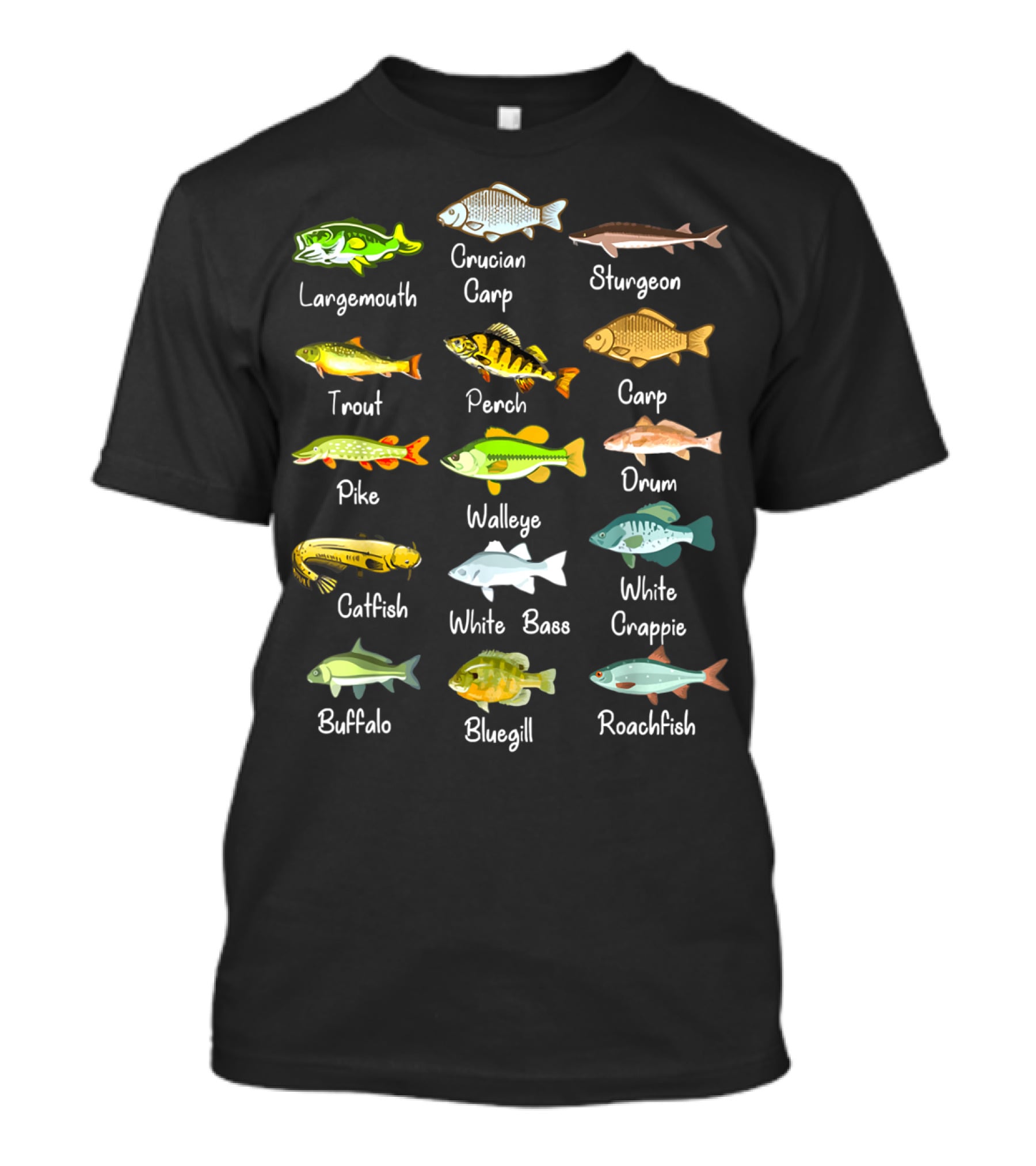 Freshwater Fish Species: Largemouth, Crucian Carp, Sturgeon, Trout, Perch, Carp, Pike, Walleye, Drum, Catfish, White Bass, White Crappie, Buffalo, Bluegill, Roachfish T-Shirt
