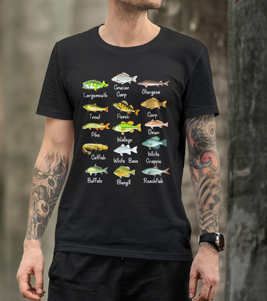 Freshwater Fish Species: Largemouth, Crucian Carp, Sturgeon, Trout, Perch, Carp, Pike, Walleye, Drum, Catfish, White Bass, White Crappie, Buffalo, Bluegill, Roachfish T-Shirt