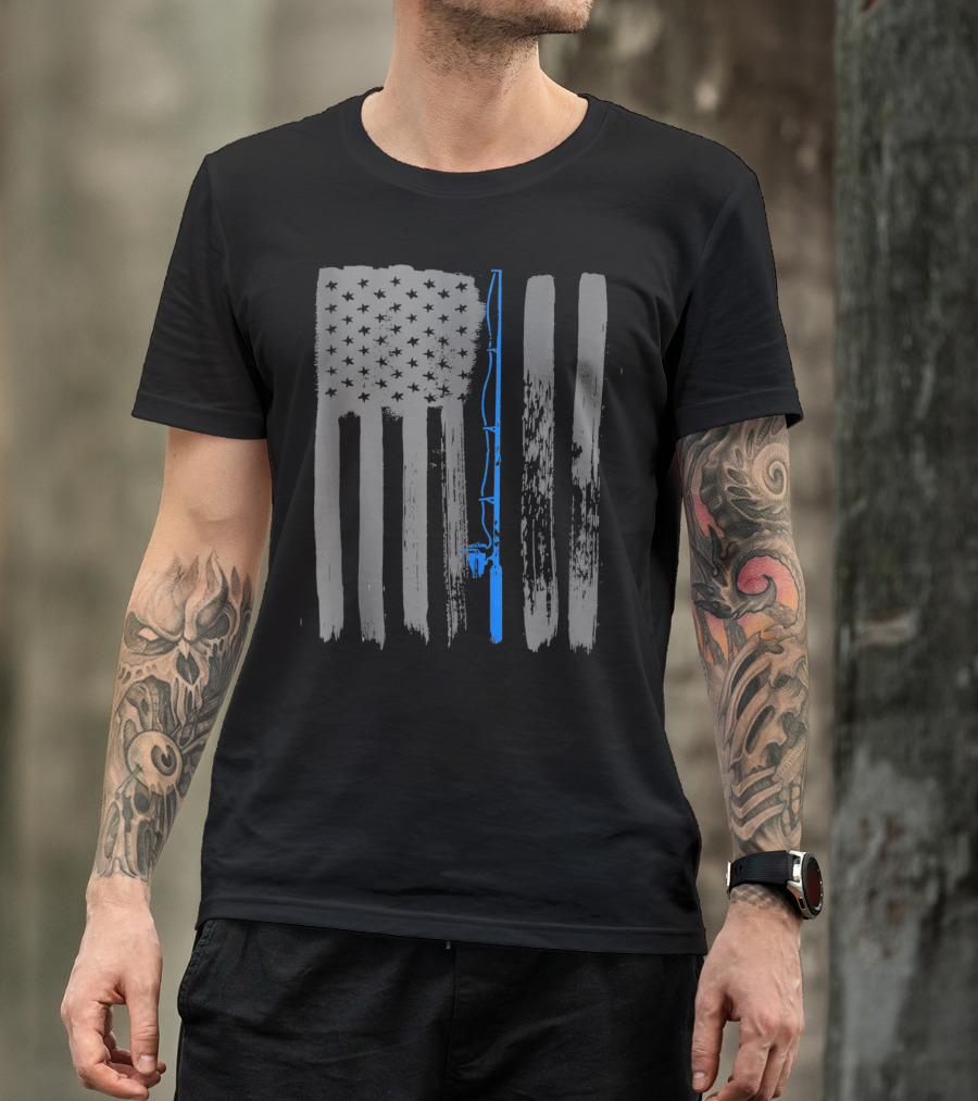 Vintage American Flag Fishing Pole Blue Line T-Shirt