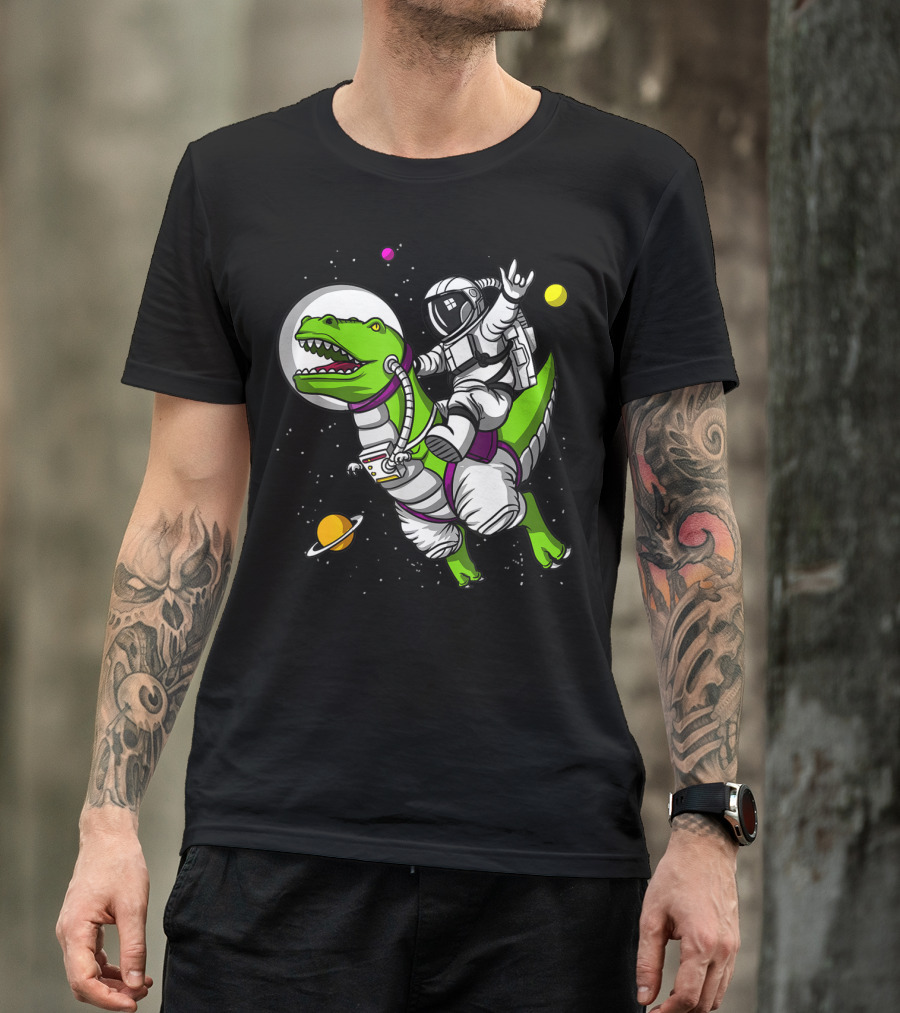 Astronaut Riding TRex Dinosaur In Outer Space With Planets T-Shirt