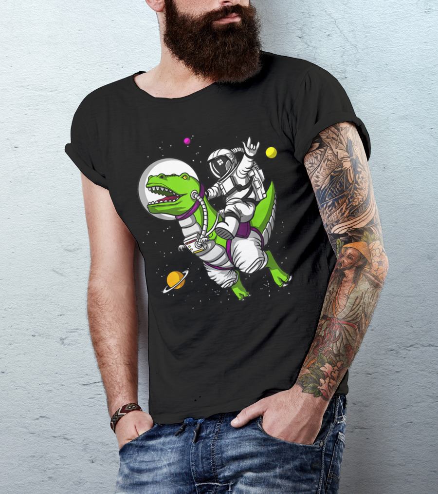 Astronaut Riding TRex Dinosaur In Outer Space With Planets T-Shirt