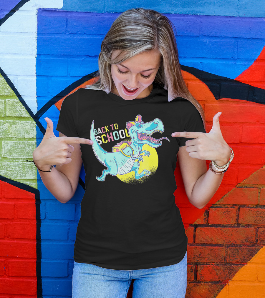 Back To School T-Rex Dinosaur With Backpack And Cap T-Shirt