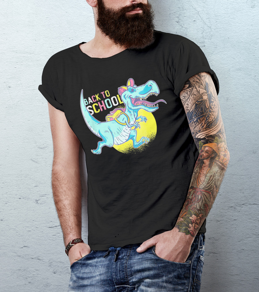 Back To School T-Rex Dinosaur With Backpack And Cap T-Shirt