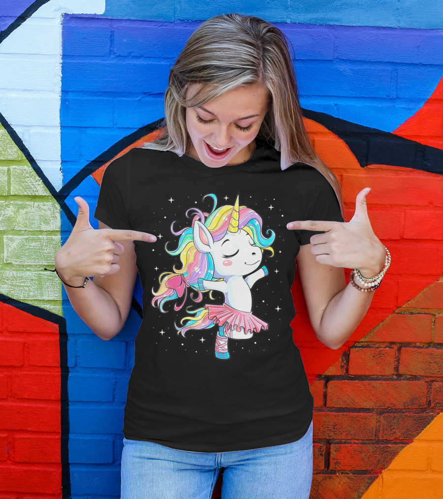Ballet Dancer Unicorn Kids Girls Rainbow Ballerina Twirling Among Stars T-Shirt