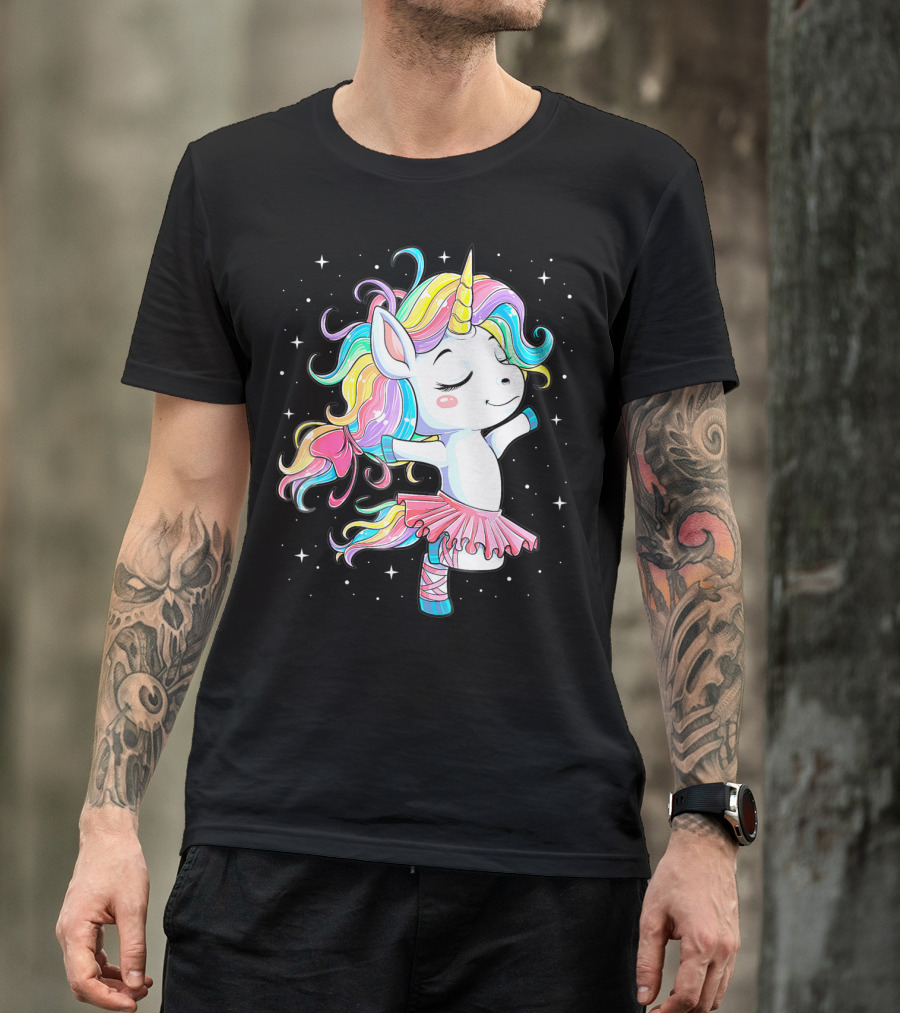 Ballet Dancer Unicorn Kids Girls Rainbow Ballerina Twirling Among Stars T-Shirt