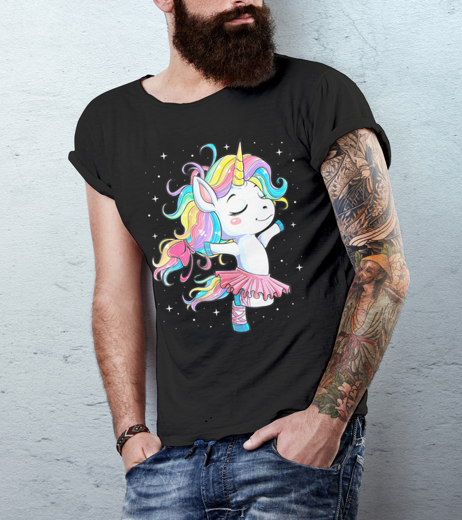 Ballet Dancer Unicorn Kids Girls Rainbow Ballerina Twirling Among Stars T-Shirt