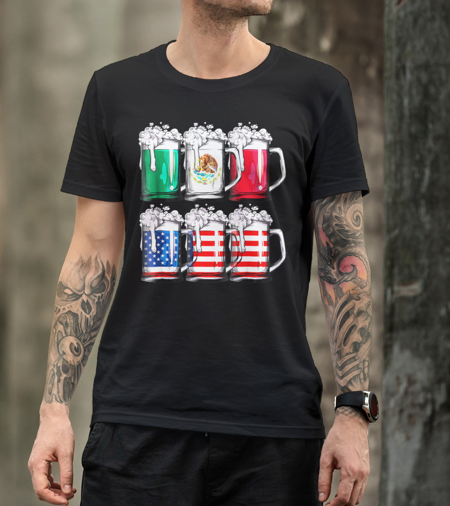 Beer Mugs Mexican American Flags Cinco De Mayo T-Shirt