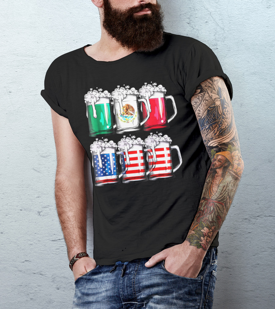 Beer Mugs Mexican American Flags Cinco De Mayo T-Shirt