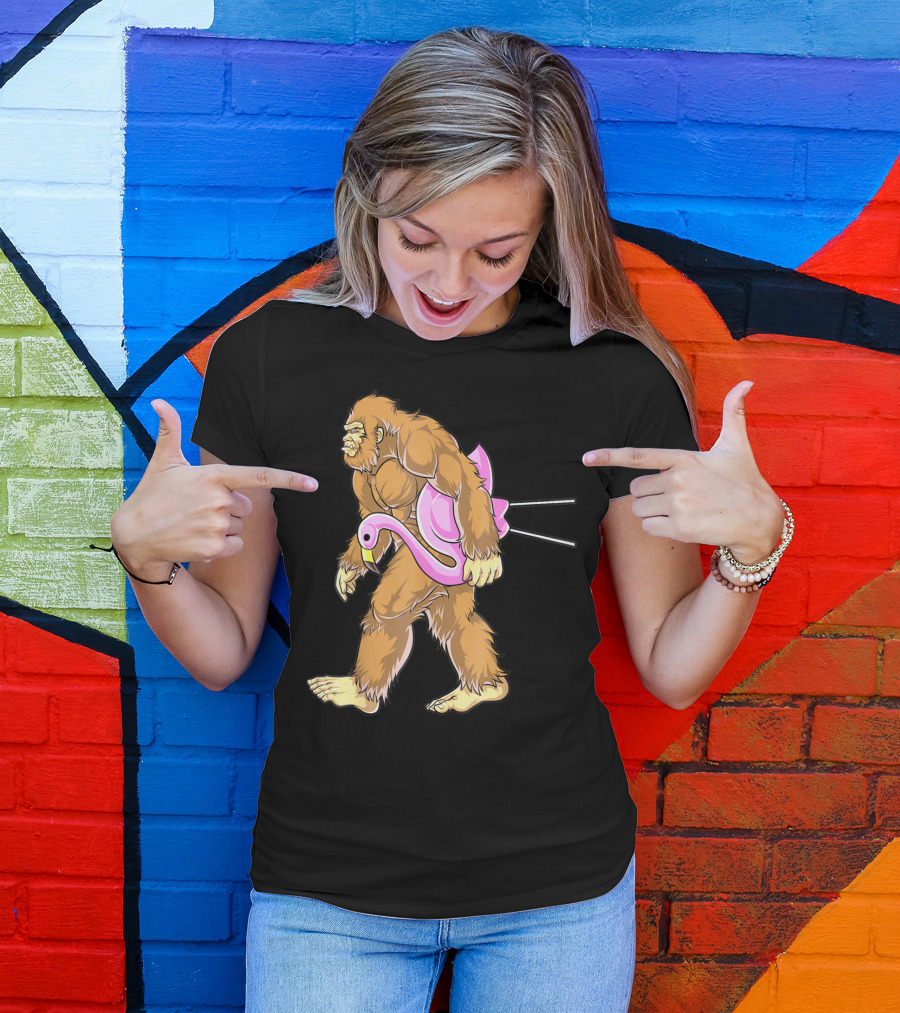 Bigfoot Carrying Pink Lawn Flamingo Humorous Sasquatch Image T-Shirt